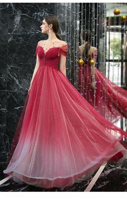 Picture of Unique Tulle Beaded Gradient A-line Sweetheart Long Prom Dresses, Tulle Formal Dresses Evening Gown